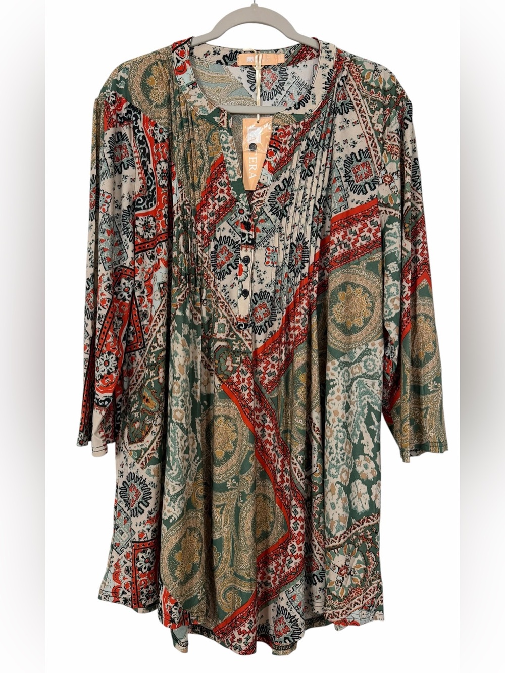 La Cera Patchwork Pintuck Tunic Top Taupe Sage Boho NWT Size 2X